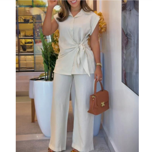 Manufactory Custom Style or Logo ODM Women Tie Shirts and Wide Leg Long Pants Suits Slim Fit Elegant Two Piece Sets Outfits - Product Image 1