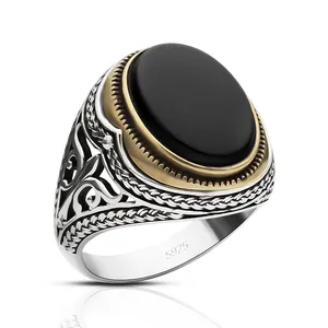 925 Sterling Silver Ring for Men with Black Natural Onyx Stone Handmade Agate Vintage Jewelry Simple Design