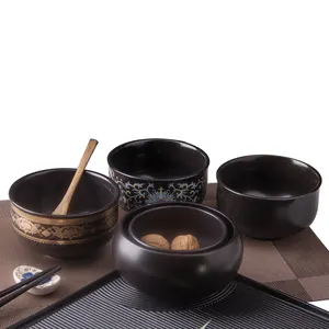 Mangkuk Saji Warna Keramik Matte Restoran Gaya Jepang Hitam Mangkuk Porselen Pasta Keramik Campuran Sup Nasi Mangkuk