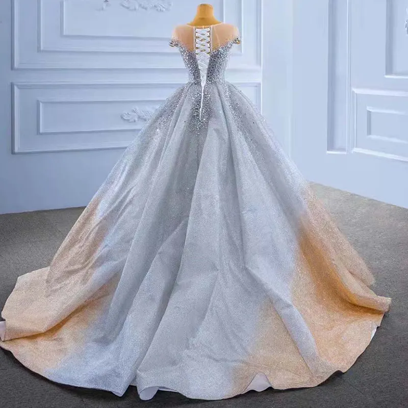 KDG personalizado elegante manga corta lentejuelas tela fiesta cristal cuenta graduación gradiente Color al por mayor nupcial bola vestidos de novia vestido