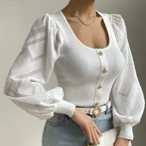 New Arrivals Ruffles Turn-down Collar Ruched Puff Sleeve White Ladies Tops Sexy Deep V Neck Lacework Loose Women Blouses