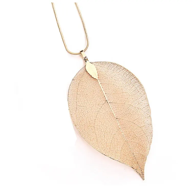 Fashion Natural Real Leaf Pendant Necklace Gold Plated Snake Chain Leaf Shape Necklace