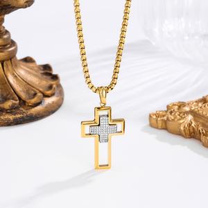 Mens Stainless Steel Gold <b>Cross</b> Pendant Necklace Iced Out Religious Hip Hop Fashion Jewelry Custom Design - Product Image 2