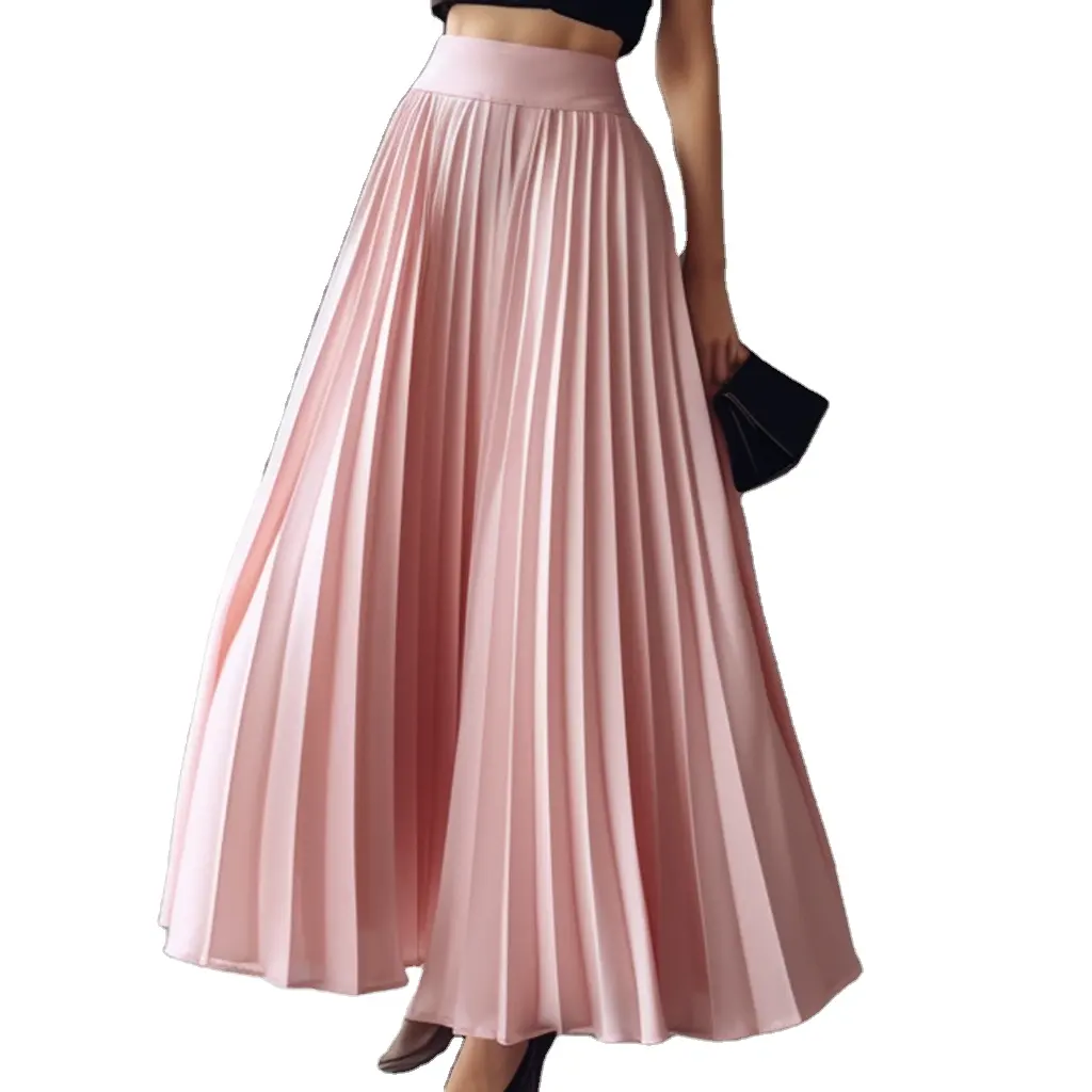 Women's Plus Size A Line Vintage High Waist Long Satin Long Skirts For Women Plain Office Skirt design Pleated Skirt