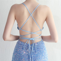Robe de soirée sirène scintillante à sequins pour femme, bretelles spaghetti, dos ouvert, laçage, fente haute, longue robe de bal