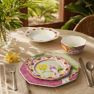 Juego de Vajilla de Cerámica Octogonal Artístico de 24 Piezas, Platos y Tazones de Porcelana con Patrón Vibrante de Loro Rosa y Leopardo, Borde Dorado, Regalo de Vajilla - Product Image 1