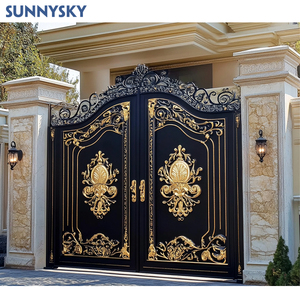 Sunnysky thiết kế mới rèn sắt đường lái xe cổng biệt thự <span class=keywords><strong>Swing</strong></span> cổng thép bánh xe cho trượt kim loại cổng - Product Image 1