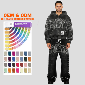 เสื้อฮู้ดครอปแบบมีซิปคู่ประดับเพชรเทียม สไตล์ลำลองสำหรับฤดูใบไม้ร่วง ผ้าหนานุ่มฟอกสีซีดแบบย้อมกรด พร้อมกางเกงวอร์มสตรีทแวร์ - Product Image 1