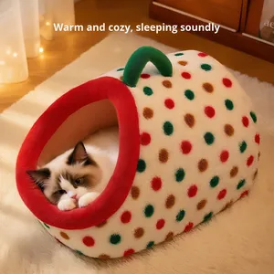 Neues Polka-Dot-Katzenbett Verdicktes Halbgeschlossenes Katzenbett mit Griff Sicheres Katzenschlafbett Katzenhaus & -hütte PP-Baumwollfüllung für Alle Jahreszeiten - Product Image 3