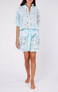 Robe à manches courtes avec broderie délicate en miroir, détails ornés, imprimé nomade, art indien, naturel 100% - Product Image 2