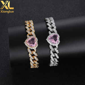 10mm Single Row Cuban Chain Bracelet Iced Out Pink Heart CZ Stone Silver Plated Prong Cuban Link Chain Gift for Women - Product Image 4