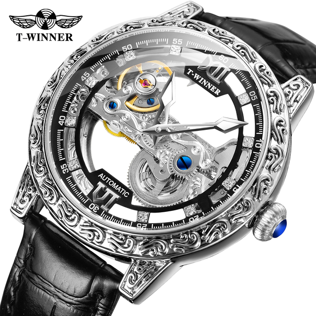 Winner Newest Gold Transparent Wrist Watches Luxury Man Reloj Montre Leather  Custom Mechanical Automatic Watch for Men