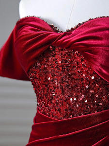<span class=keywords><strong>Vestido</strong></span> de Fiesta de Noche de Alta Calidad <span class=keywords><strong>Rojo</strong></span> Navideño Largo hasta el Suelo con Perlas y Lentejuelas <span class=keywords><strong>Corte</strong></span> <span class=keywords><strong>Sirena</strong></span> Hombros Descubiertos Satén Gala Formal - Product Image 4
