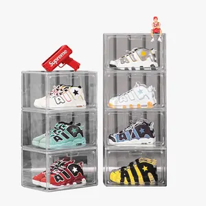 Manyetik katlanabilir şeffaf Sneaker ekran organizatör konteyner depolama sandığı akrilik şeffaf damla ön plastik ayakkabı kutusu