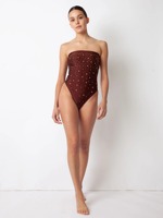 Fabricant de maillots de bain personnalisés, maillot de bain une pièce bandeau orné de perles Repreve, sans bretelles, avec bretelles amovibles, maillot de bain pour femmes