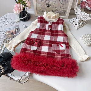 Robes d'hiver pour bébés, jupes-vestes pour bébés filles, <span class=keywords><strong>crochet</strong></span> en maille, volants <span class=keywords><strong>sans</strong></span> manches, brossées, épaisses, à carreaux, style princesse - Product Image 1