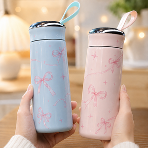 Personalized Cute Bow Print Glass Tumbler Eco-Friendly Portable Drinking <b>Bottle</b> with Loop Lid for Daily Use Promotional Gifts - Product Image 1