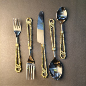 Ensemble de couverts en bambou artistique, en laiton doré, manche en bambou unique, creux, en acier inoxydable, vaisselle de qualité supérieure, 5 pièces - Product Image 6
