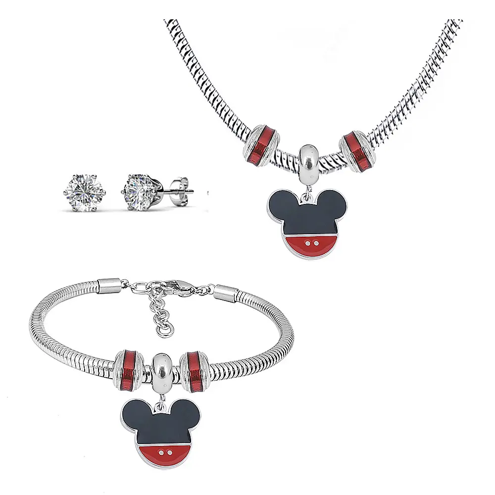 Colorful Mickey Minnie boy girl baby Stainless Steel Accessories Necklace Bracelet Earring Charm Jewelry Set