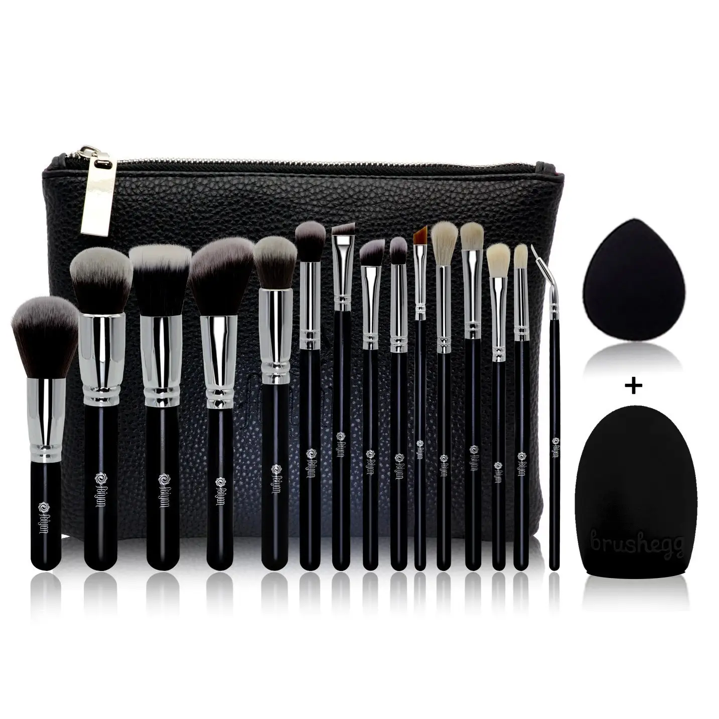 HMU Wholesale 15pcs Black And Silver Synthetic Hair Kabuki Vegan Custom Makeup Brush Private Label Make Up Brush Set With Bag