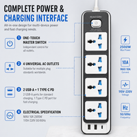 Multiprise universelle OEM en gros, 4 prises CA, double USB Type C, interrupteur maître, pour usage résidentiel, commercial et villa, avec rallonge