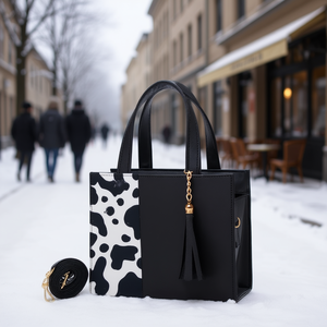 Bolso de Hombro Fana con Estampado de Vaca, Cuero Genuino y Nylon, Diseño Vintage con Borlas, Bolso de Invierno para Mujer, Correa Única, Uso Diario - Product Image 2