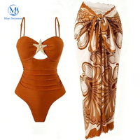 Nouvelle conception Ensemble deux pièces pour femme, taille haute, étoile métallique à cinq branches, couleur unie, bikini évidé avec robe de bain imprimée