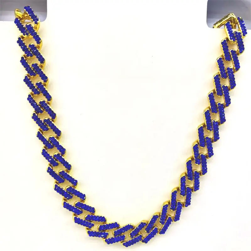Hip Hop Gold Alloy With Shiny Blue Color CZ 13MM Width Men's Rhombus Cuban Link Chain Necklace