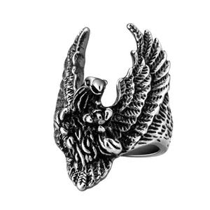 JPLEE Tribal mens eagle ring Gold Stainless Steel Hawk Band Flying bald eagle rings punk Vintage Silver Bird Biker Ring for men