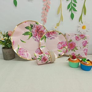 DAMAI Spring Tea Party Decor Supplies Flower Theme Party Pink Peony Wave Edge Paper Plates <b>Disposable</b> Set Cups Napkins Sets - Product Image 6