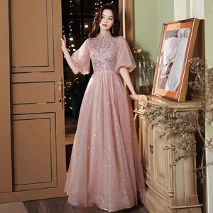 Evening Gown For Women Lotus Root Pink Floral Print Stand Neck Empire Waist Polyester Long Dress Banquet Graduation Hostess - Product Image 2