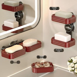 Homeretro Double-Layer Wall-Mounted Soap Storage Rack Portable Suction Cup Soap Dish with Drain Plastic Material Punching - Product Image 4