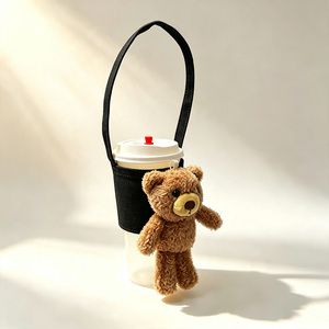 Sac porte-gobelet réutilisable avec pendentif ours en peluche mignon, sac de transport en toile pour boissons à emporter en extérieur - Product Image 4