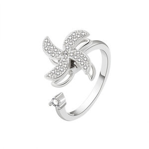 Anillo giratorio de molino de viento doble con micro pavé de circonitas, chapado en oro sobre cobre, ajustable, estilo francés, joyería antiestrés para mujer - Product Image 5