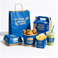 Serie de Empaques Personalizados para Comida Rápida con Bolsas de Papel de Grado Alimenticio, Caja para Hamburguesas, Caja para Papas Fritas y Vaso para Café