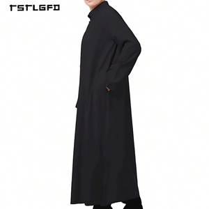 <b>Men</b> Black <b>Thobe</b> Stand Collar Button Placket Long Sleeve Full-Length Minimalist Islamic Jubba Saudi Modest Formal Daily Robe - Product Image 2
