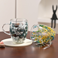 Dubbellaagse gedroogde bloemen glazen koffiemok van hoog borosilicaatglas, modern design, transparant, BPA-vrij