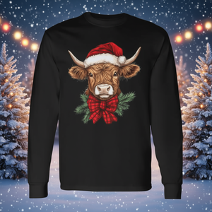Camiseta de manga larga con diseño de vaca de las Tierras Altas y gorro de Papá Noel, pijama navideño con diseño de vaca - Product Image 3