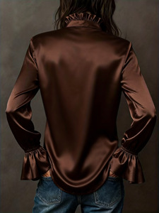 <span class=keywords><strong>Chemise</strong></span> longue en satin perlé pour femme, <span class=keywords><strong>col</strong></span> <span class=keywords><strong>montant</strong></span> à volants, confortable, style décontracté français, coupe ample pour l'automne - Product Image 3