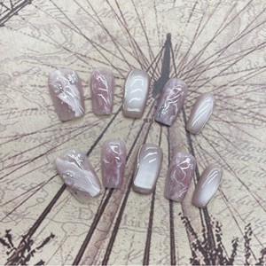 Faux ongles press-on faits main, <span class=keywords><strong>rose</strong></span> cerisier romantique, <span class=keywords><strong>effet</strong></span> œil de chat marbré, pour peau claire - Product Image 1