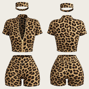 Ensemble de yoga trois pièces pour femme, motif léopard 3D personnalisé, faible MOQ, tenue de fitness et de détente, t-shirt et short imprimés guépard, collection été - Product Image 3