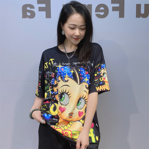T-shirt Casual da <span class=keywords><strong>Donna</strong></span> a Girocollo a Maniche Corte in <span class=keywords><strong>Cotone</strong></span> Poliestere con Stampa Anime Cartoon e Perline, Vestibilità Ampia, per Commercio Estero Transfrontaliero - Product Image 2