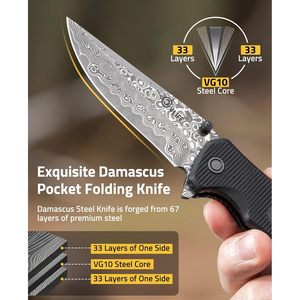Cvlife Damascus Pocket Knife 3.26 In EDC Folding Knife With Flipper Opening For Bushcraft <b>Camping</b> <b>Hiking</b> Fishing - Product Image 2