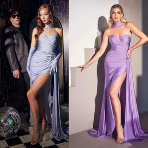 Gaun panjang elegan gantung leher satin polos sederhana Fashion gaun malam prom pesta pernikahan wanita muda belahan tinggi seksi