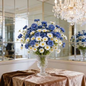 Ensemble de 5 fleurs artificielles simulées, bleuets et marguerites, pétales blancs et bleus, réalistes avec des plis naturels et des tiges flexibles - Product Image 5
