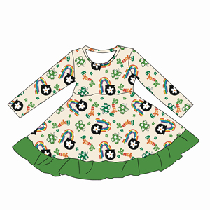 Qingli ODM Custom Factory NO Tariff Custom Bat Pattern Prints with <strong>Ruffle</strong> <strong>All</strong> Season Girls Long-sleeve Twril <strong>Dress</strong> - Product Image 5