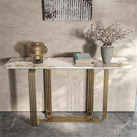 Meubles de salon, tables consoles modernes en marbre, table d'entrée en pierre frittée, tables de salon en acier inoxydable doré