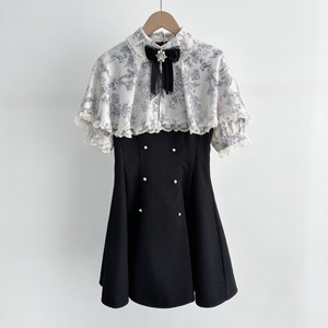 Ngọt Ngào Bow Tie Ren Lần Lượt Xuống Cổ Áo Ngắn Tay Áo Ăn Mặc Với Áo Choàng In Màu Sắc Tương Phản Chắp Vá Áo Choàng Ngắn Cho Phụ Nữ - Product Image 1