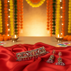 Classic 925 Silver <b>Choker</b> <b>Necklace</b> & Earring Set for Women with Natural <b>Crystal</b> Red Beads-Festival & Wedding Wear - Product Image 3