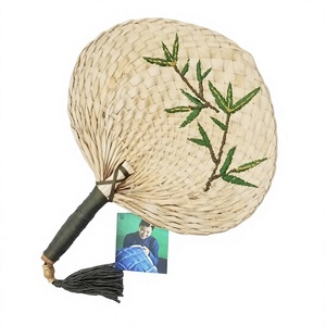 Abanico de Bambú Tejido a Mano BLUE LOTUS con Diseño de Hoja Pintada, Artesanía Tradicional Natural, Souvenir Modelo Charlie Dinh - Product Image 1